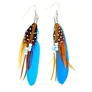 Blue Feather Leather Tassel Beaded Dangle Earrings - Boho Chic Statement Jewelry